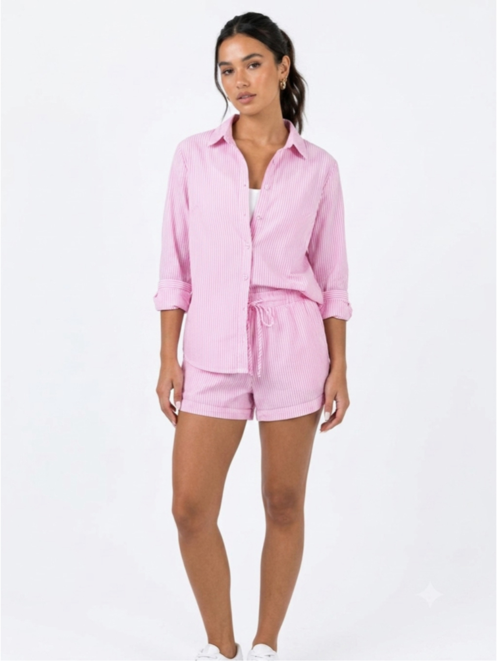 Women's Princess Polly Pink Striped Button Down Shirt & Shorts Set Size S